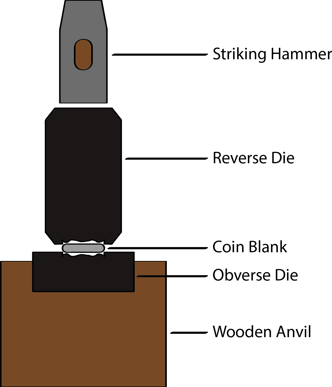 Diagram showing the coin striking process with the hammer, dies, coin blank, and anvil.