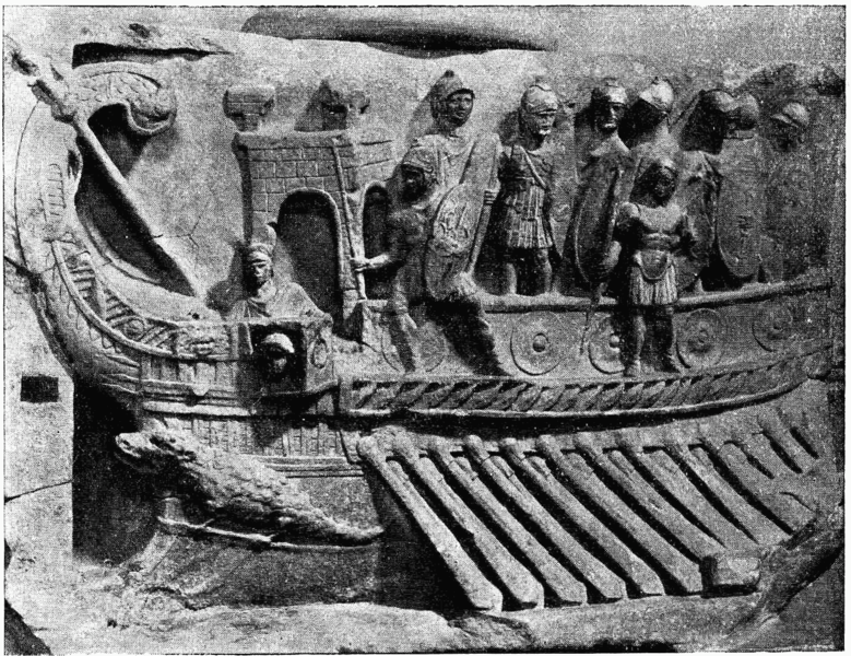 Photo of a stone relief depicting a Roman bireme found in the Temple of Fortuna Primigenia, Praeneste.