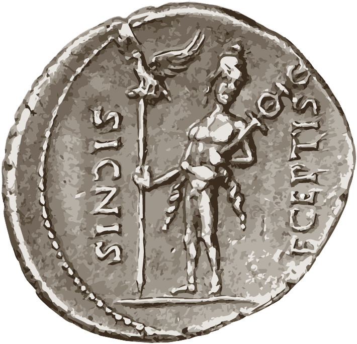 Reverse of a coin from the Roman Empire depicting a soldier holding legionary standards